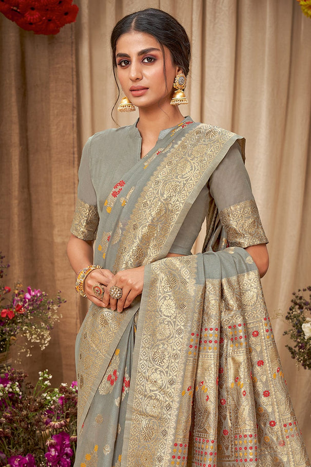 Buy MySilkLove Nomad Grey Cotton Saree Online