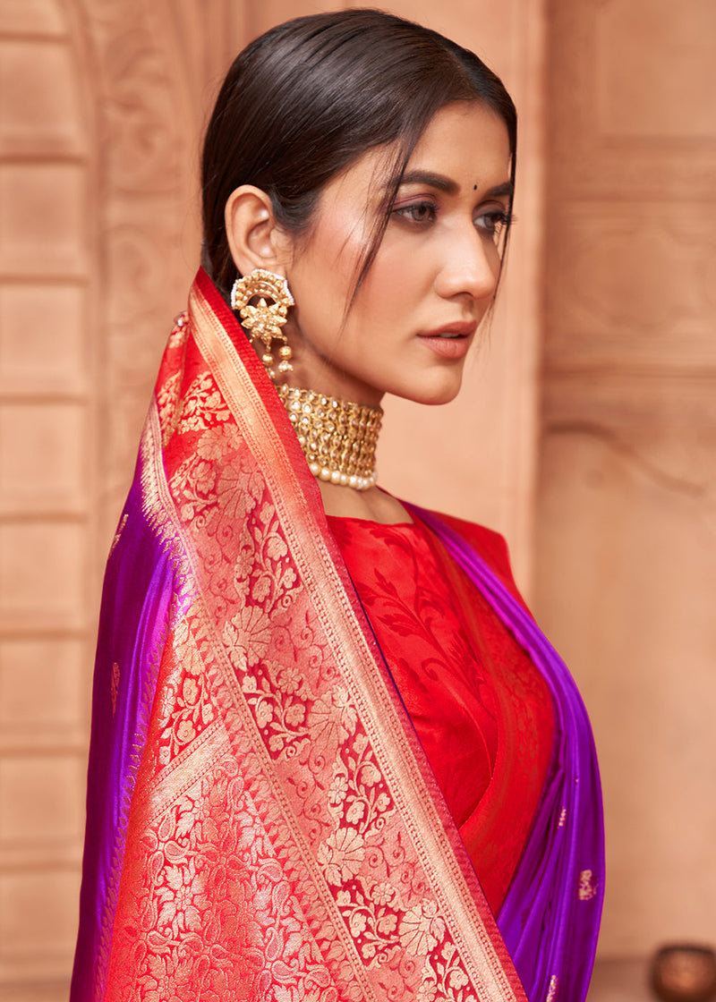 Flirt Purple and Red Banarasi Satin Silk Saree