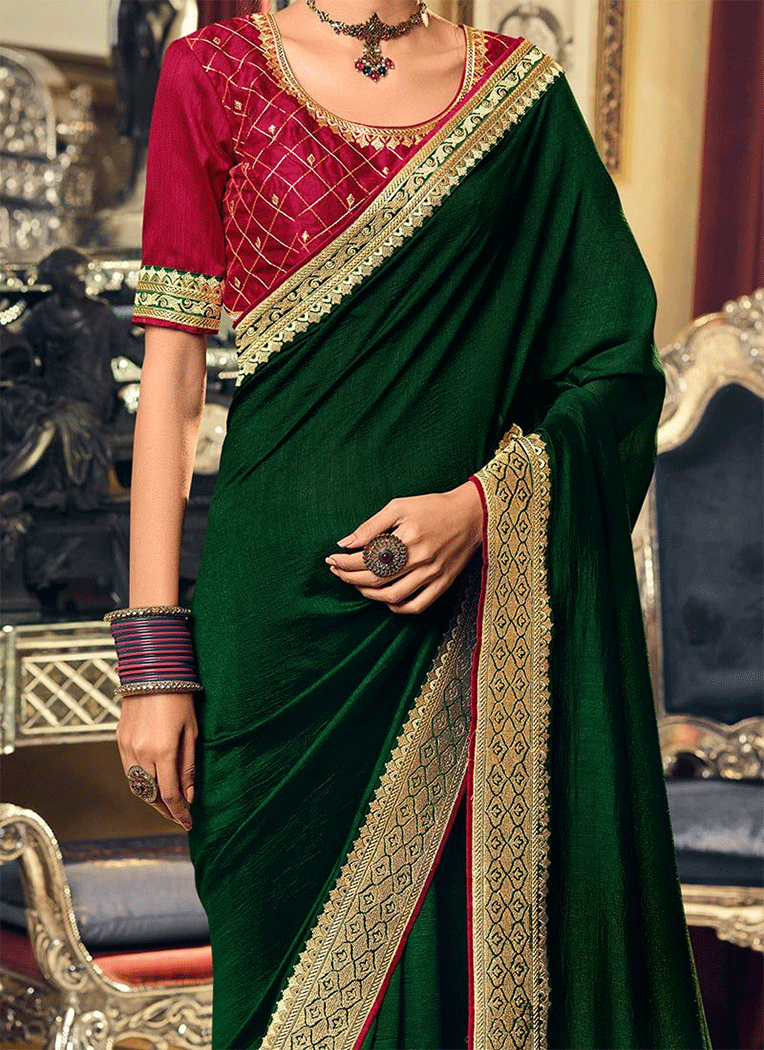 MySilkLove Bush Green and Pink Designer Silk Saree