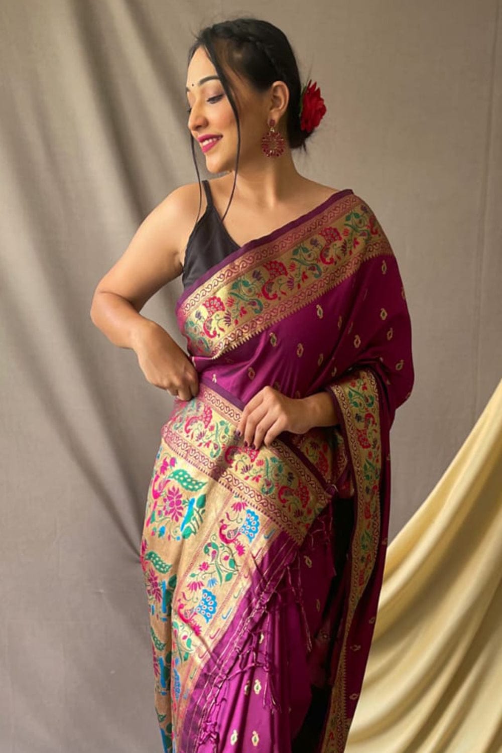 Buy MySilkLove Ruby Purple Zari Woven Paithani Saree Online