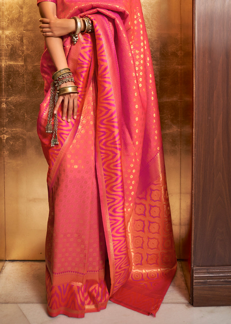French Rose Pink Woven Banarasi Silk Saree