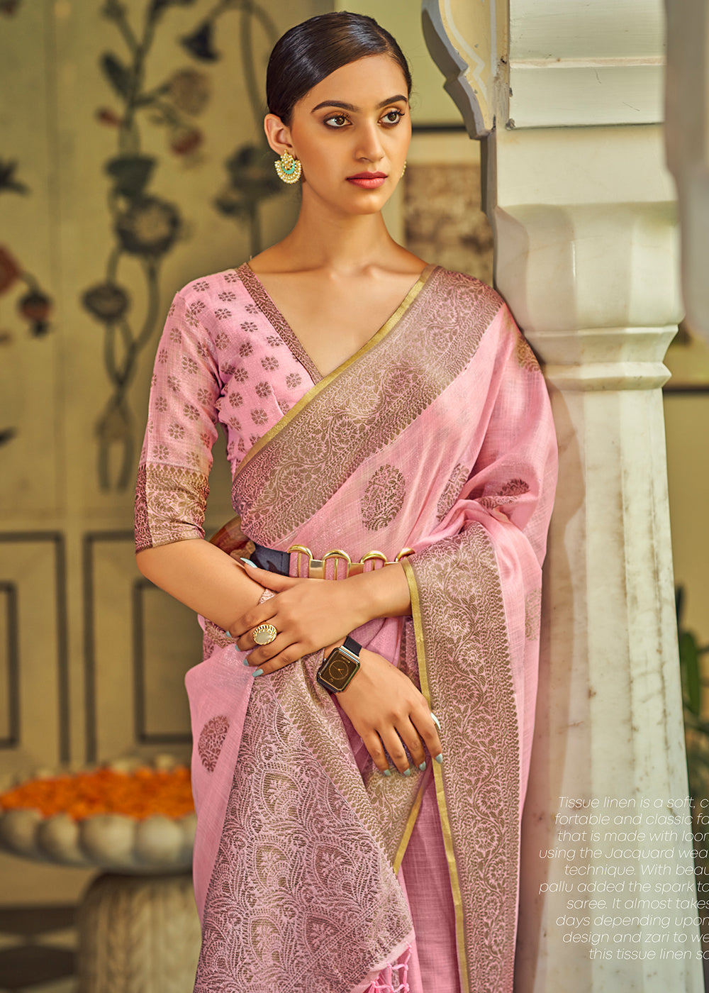 Buy MySilkLove Shimmering Blush Pink Linen Silk Saree Online