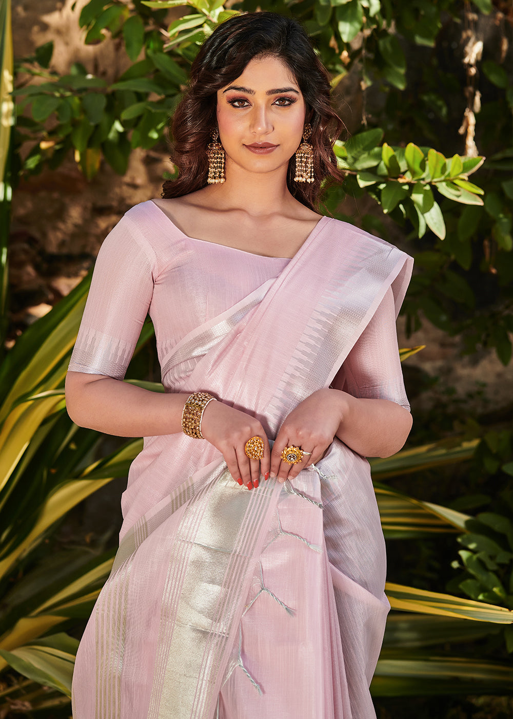 Buy MySilkLove Oyster Pink Zari Woven Tissue Linen Saree Online