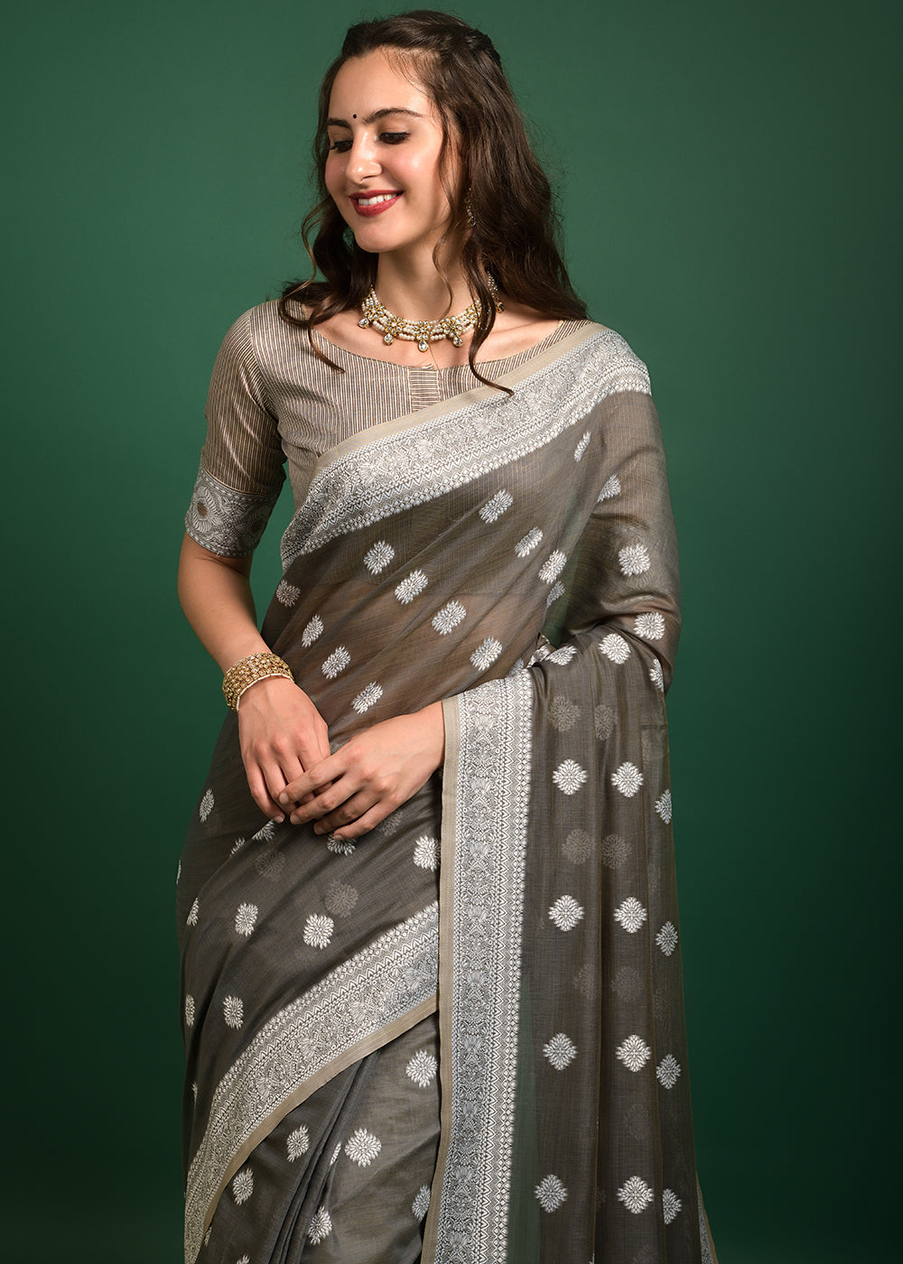 Buy MySilkLove Coffee Grey Chikankari Chanderi Cotton Woven Saree Online