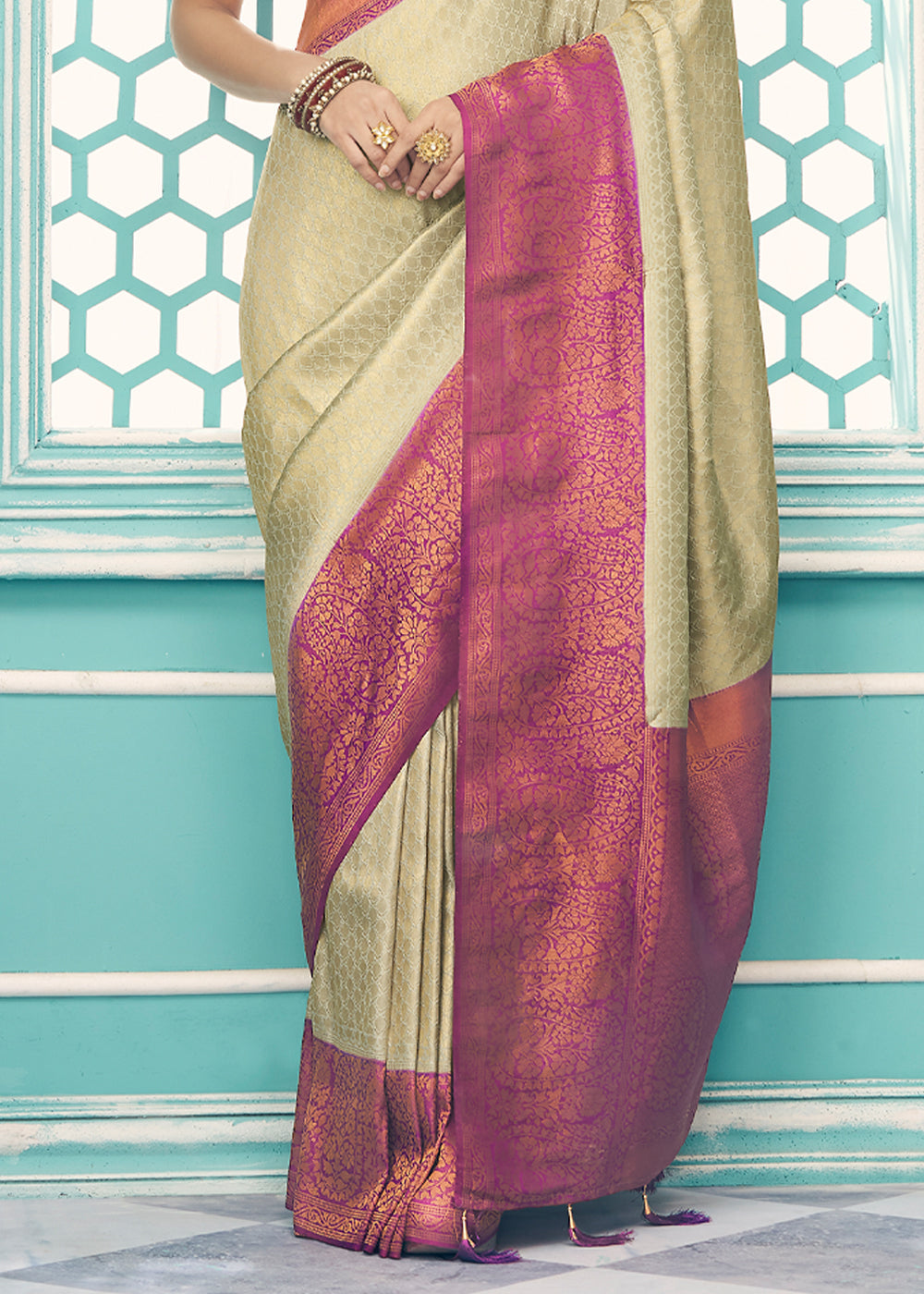 Buy MySilkLove Raffia Golden and Purple kanjivaram saree Online