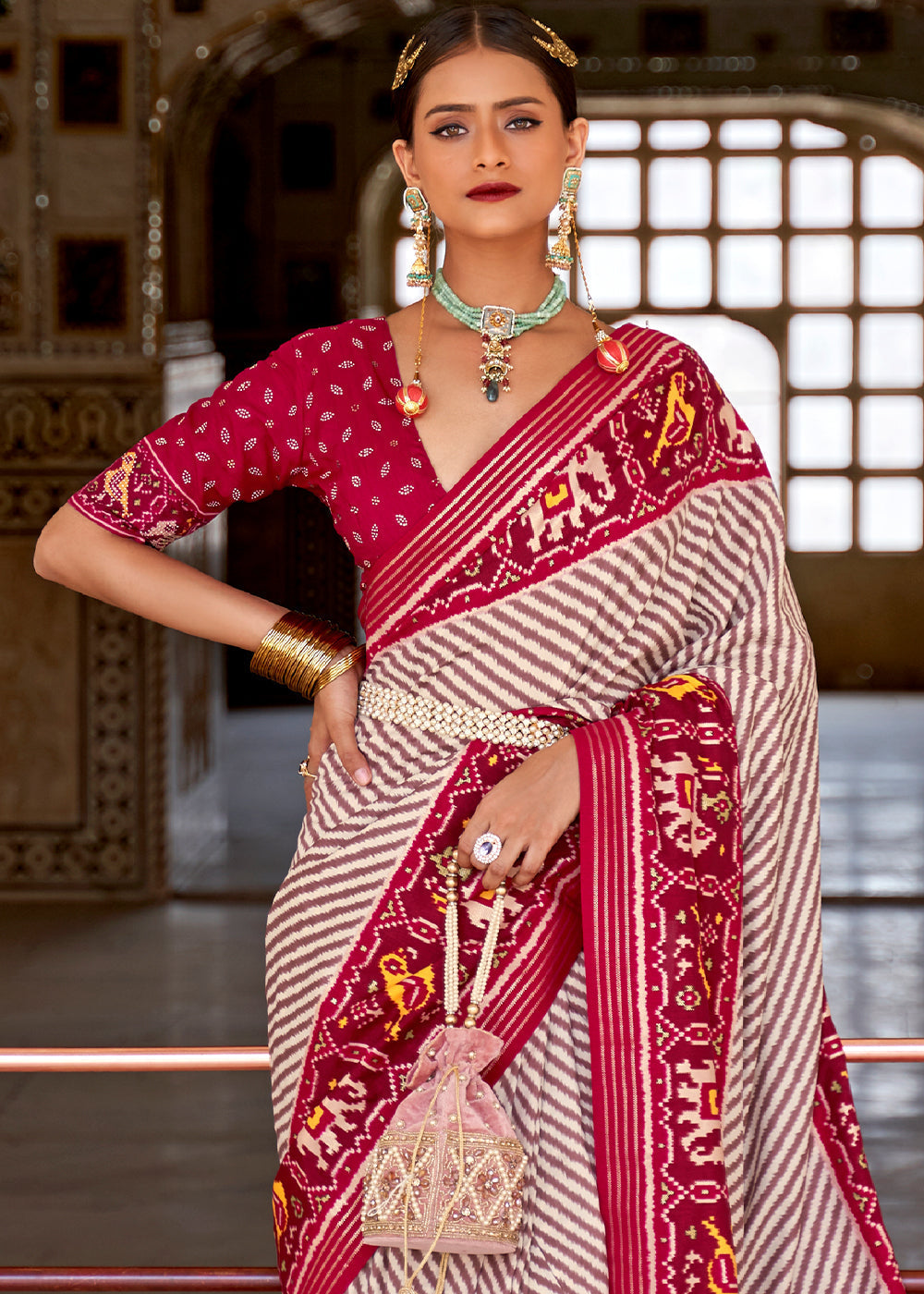 Buy MySilkLove Eunry White and Pink Cotton Patola Printed Saree Online