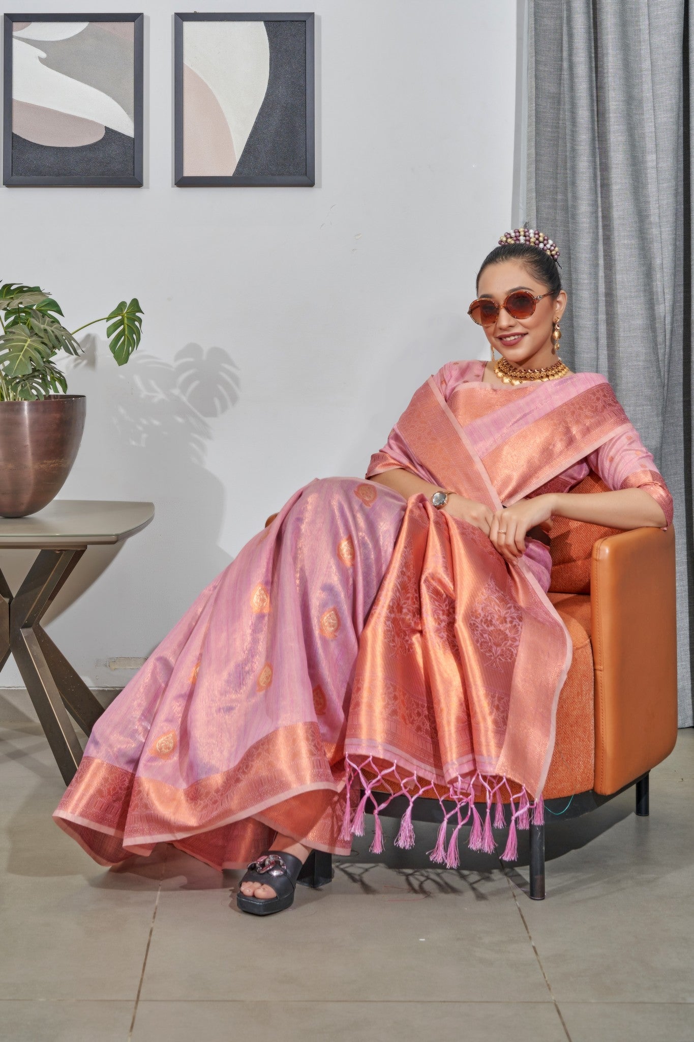 Buy MySilkLove Beauty Bush Pink Woven Organza Tissue Silk Saree Online