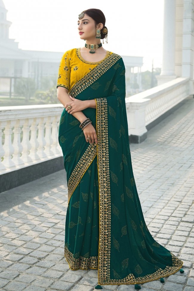 Buy MySilkLove Gable Green and Yellow Chiffon Stone Work Saree Online