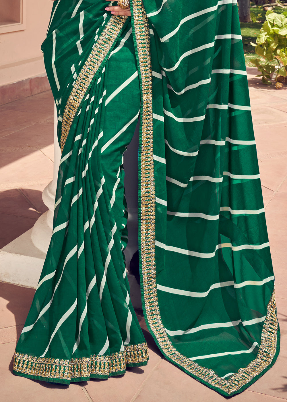 Buy MySilkLove Gable Green Lehriya Print Georgette Saree With Embroidered Blouse Online