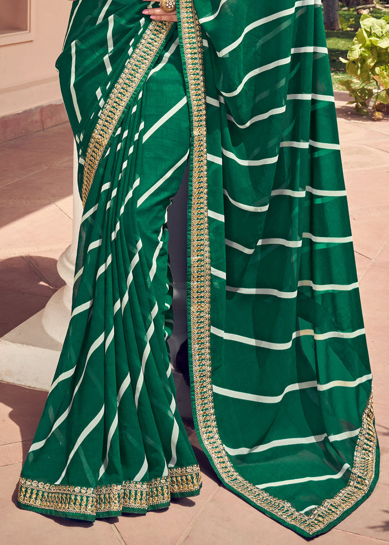 Gable Green Lehriya Print Georgette Saree With Embroidered Blouse