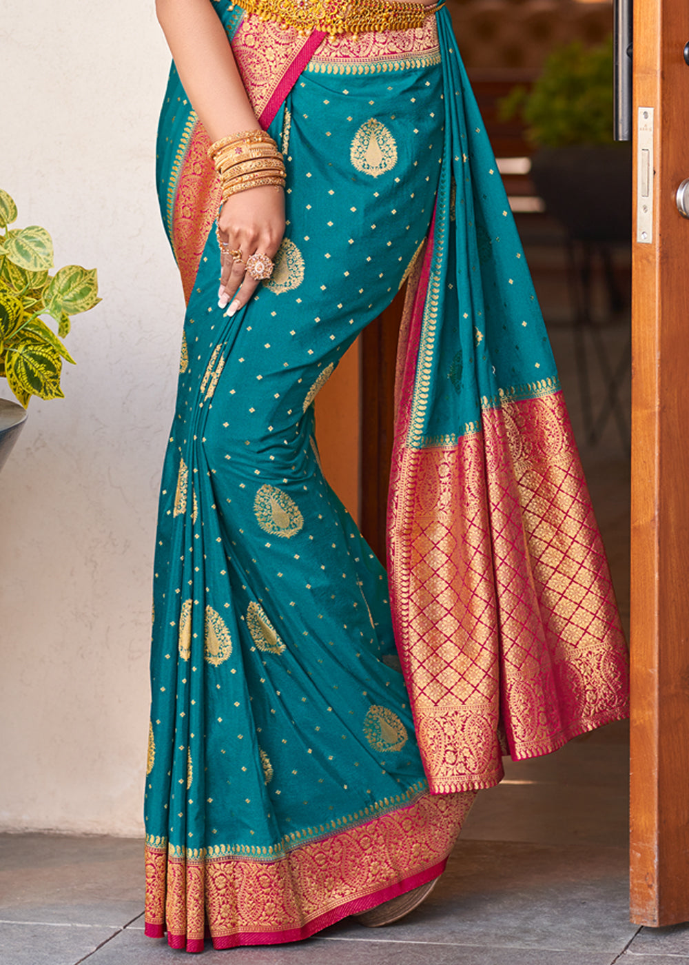 Buy MySilkLove Malachite Blue Woven Banarasi Crepe Silk Saree Online