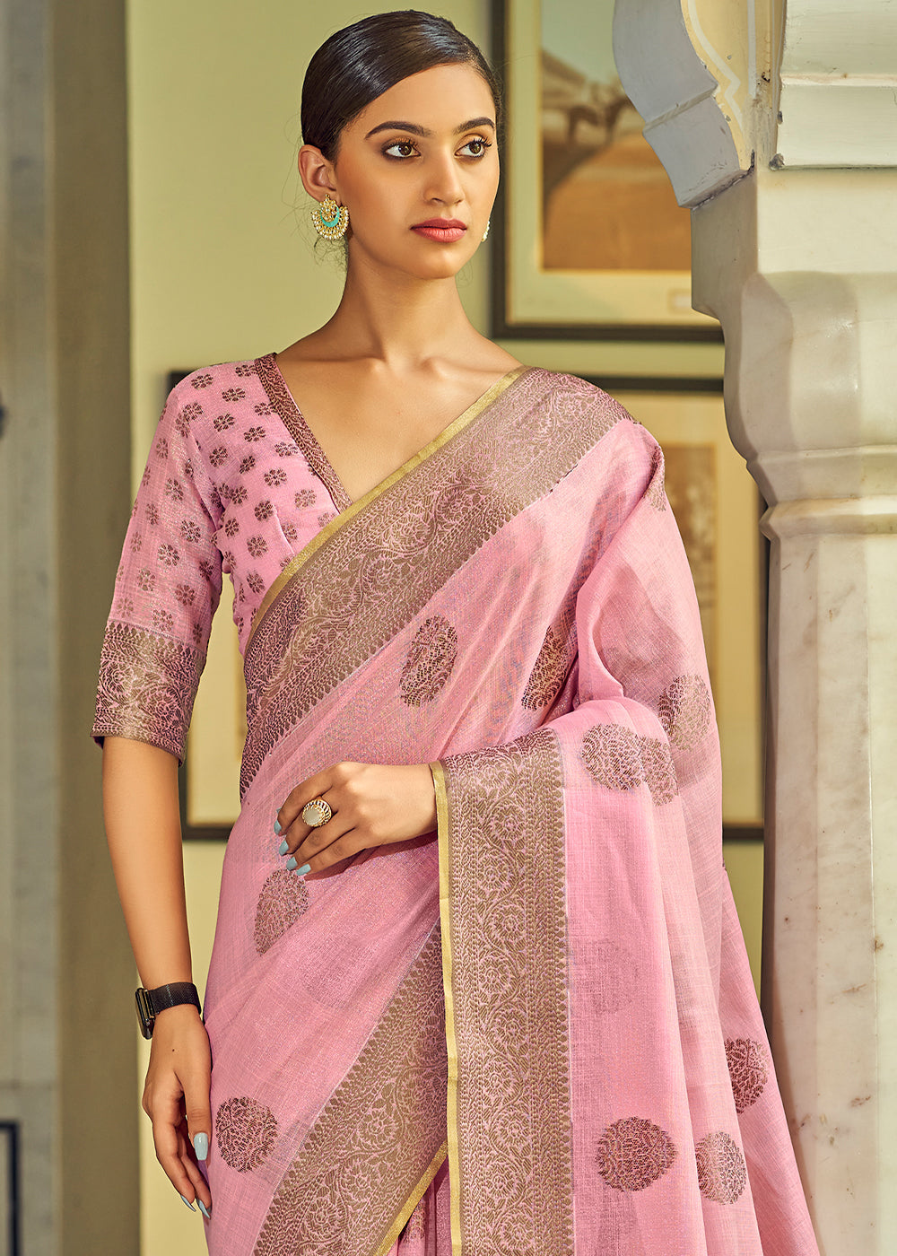 MySilkLove Shimmering Blush Pink Linen Silk Saree