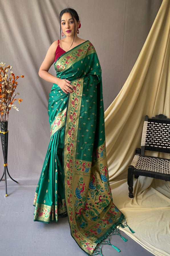 Buy MySilkLove Everglade Green Zari Woven Paithani Saree Online