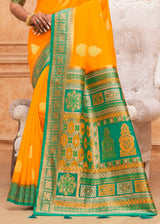 Web Orange and Green Zari Woven Banarasi Silk Saree