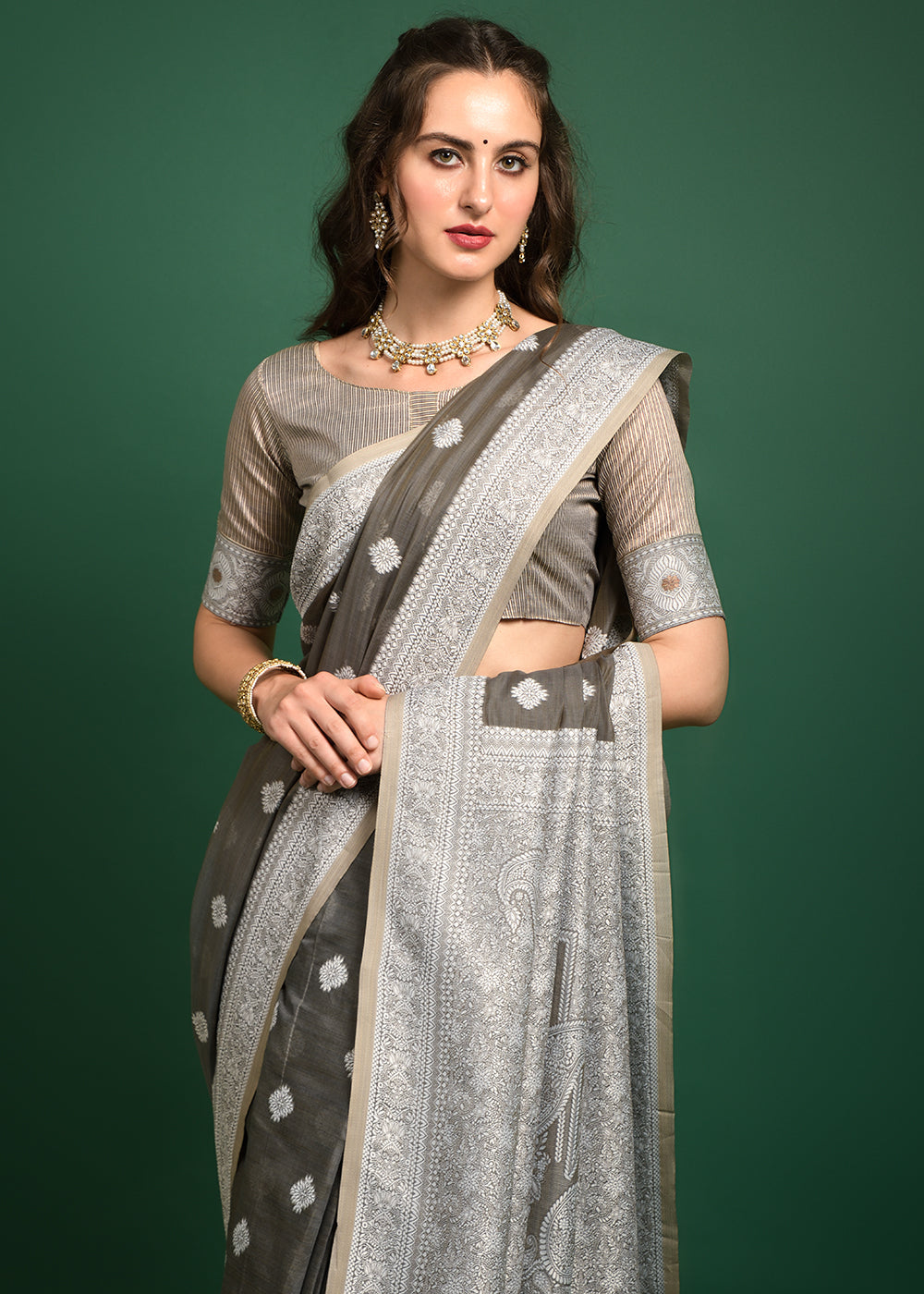 Buy MySilkLove Coffee Grey Chikankari Chanderi Cotton Woven Saree Online