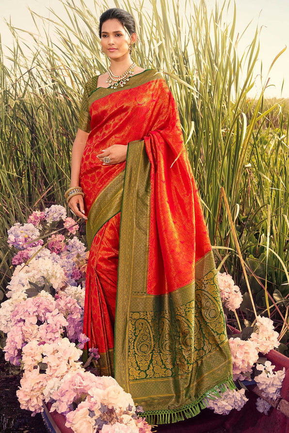 Buy MySilkLove Tuscany Red and Green Woven Kanjivaram saree Online