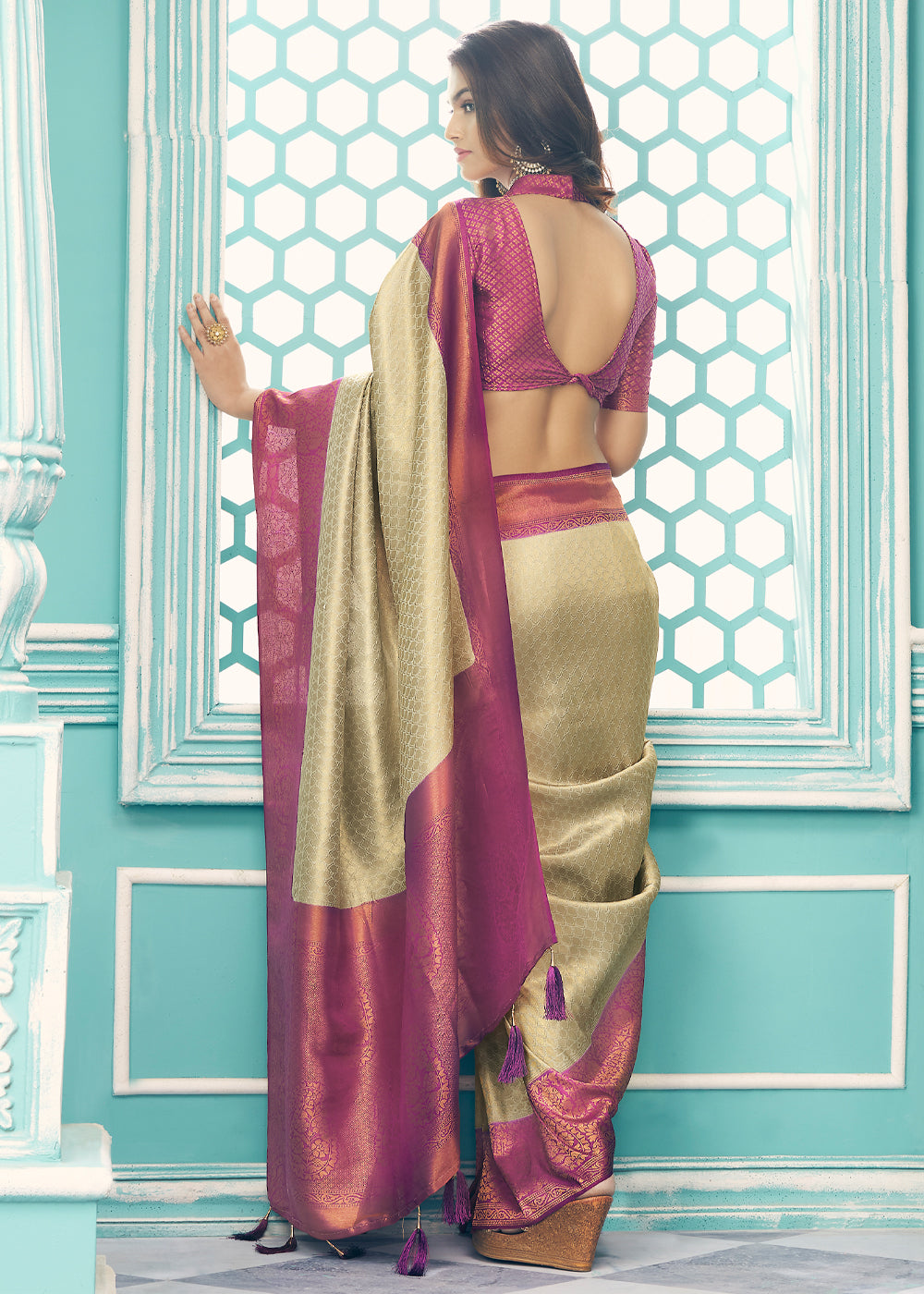 MySilkLove Raffia Golden and Purple kanjivaram saree