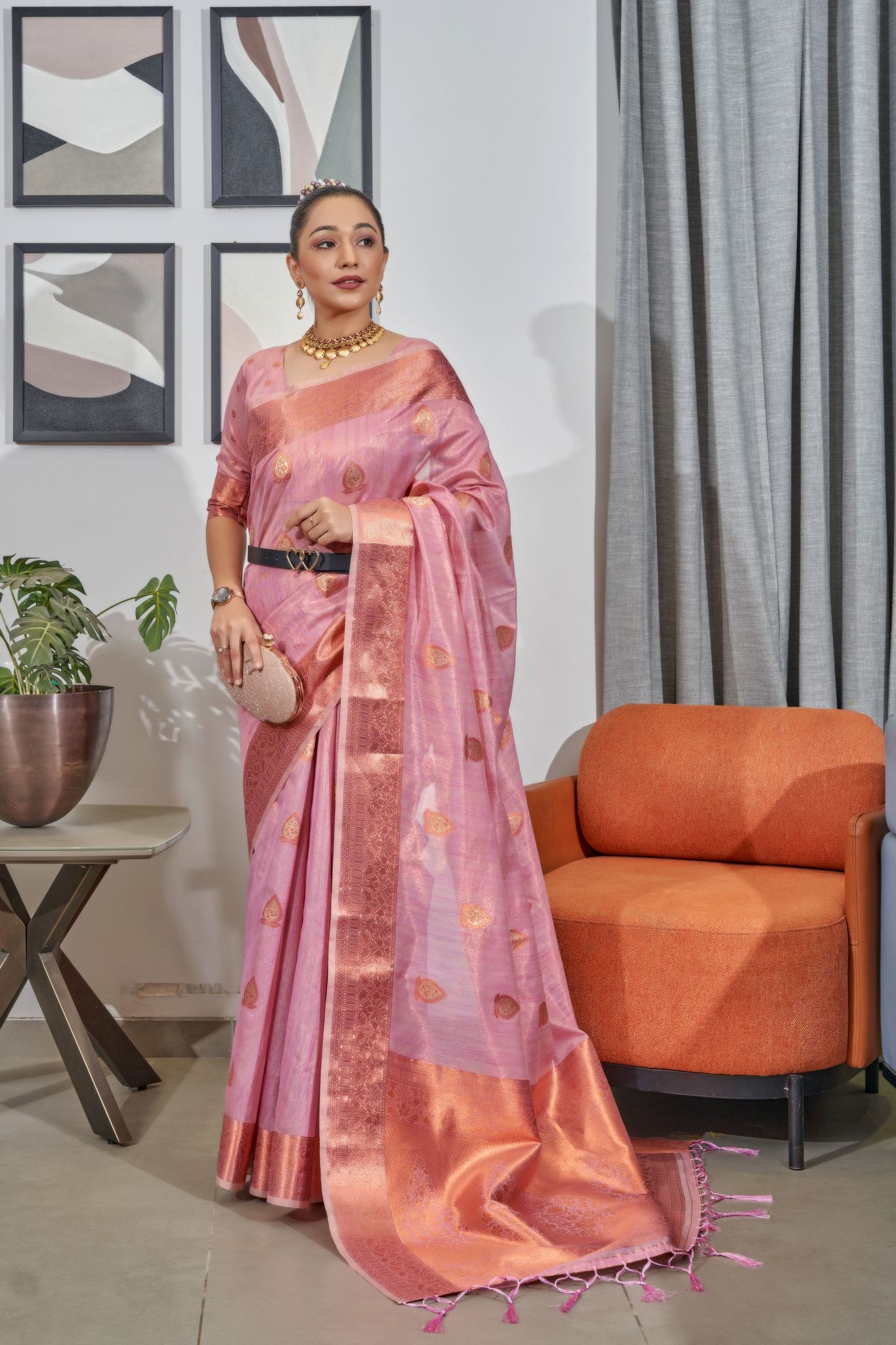 Buy MySilkLove Beauty Bush Pink Woven Organza Tissue Silk Saree Online