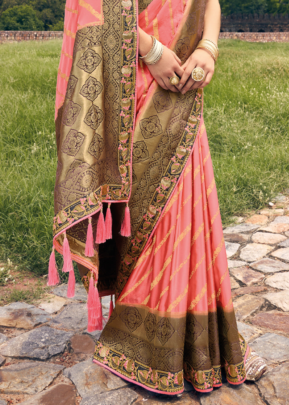 Buy MySilkLove Apricot Pink and Blue Zari Woven Designer Banarasi Saree Online