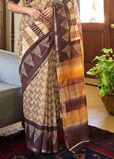 Toast Brown Cotton Linen Batik Printed Saree