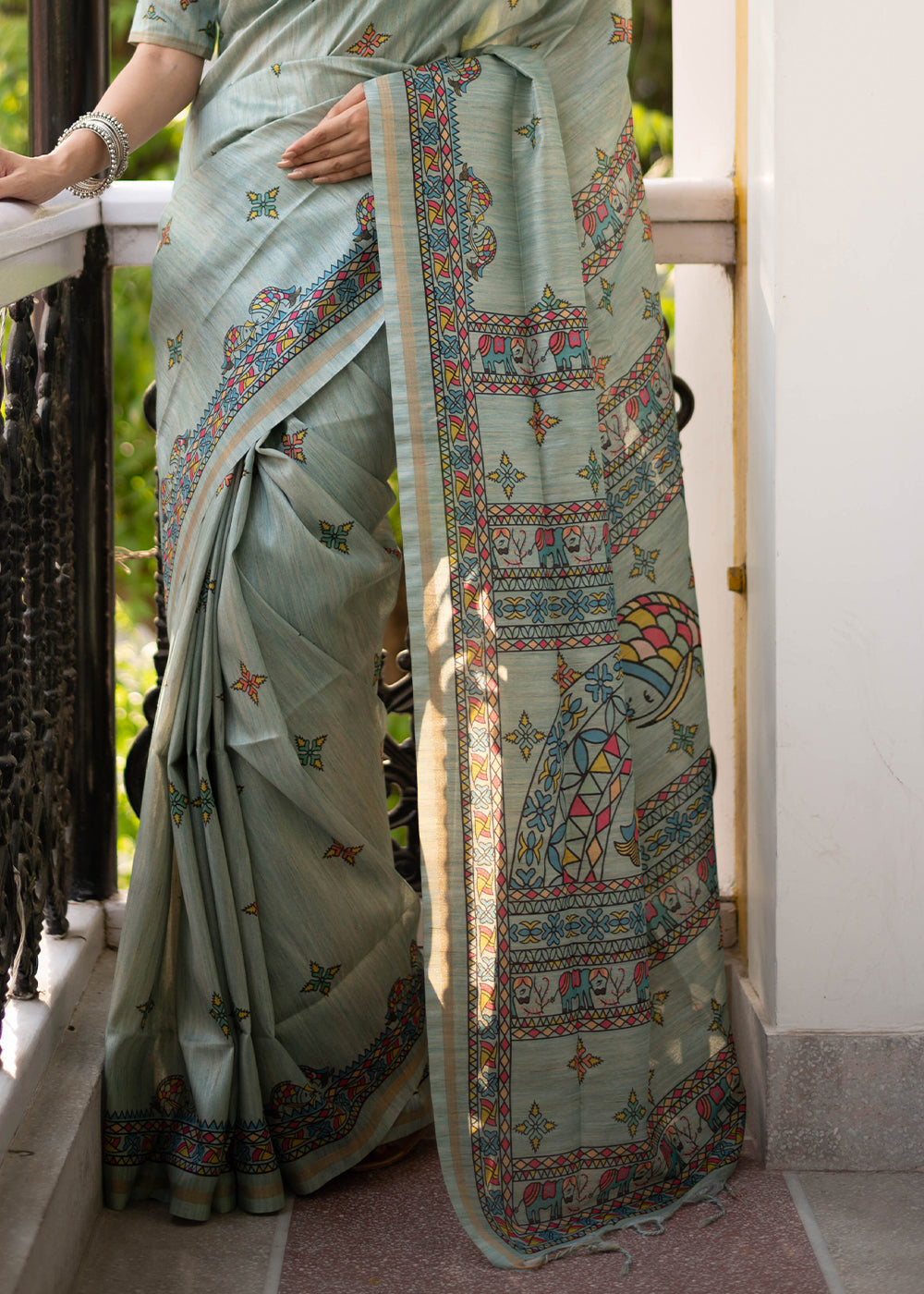 Buy MySilkLove Lemon Grass Grey Kalamkari Printed Silk Saree Online