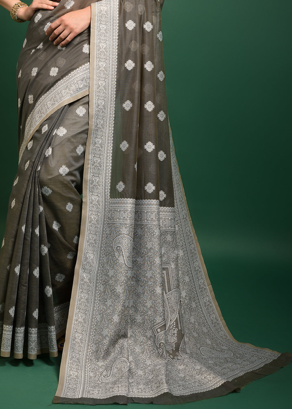 Buy MySilkLove Coffee Grey Chikankari Chanderi Cotton Woven Saree Online