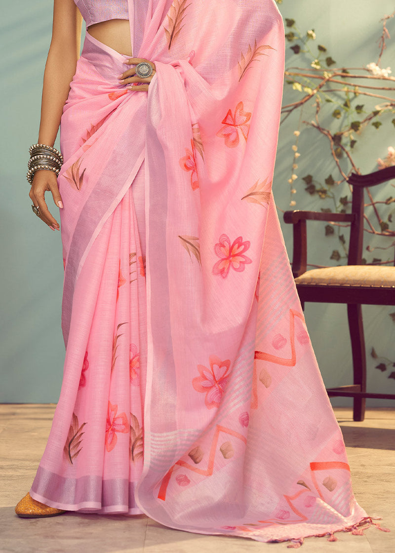 Wewak Pink Soft Linen Silk Floral Printed Saree