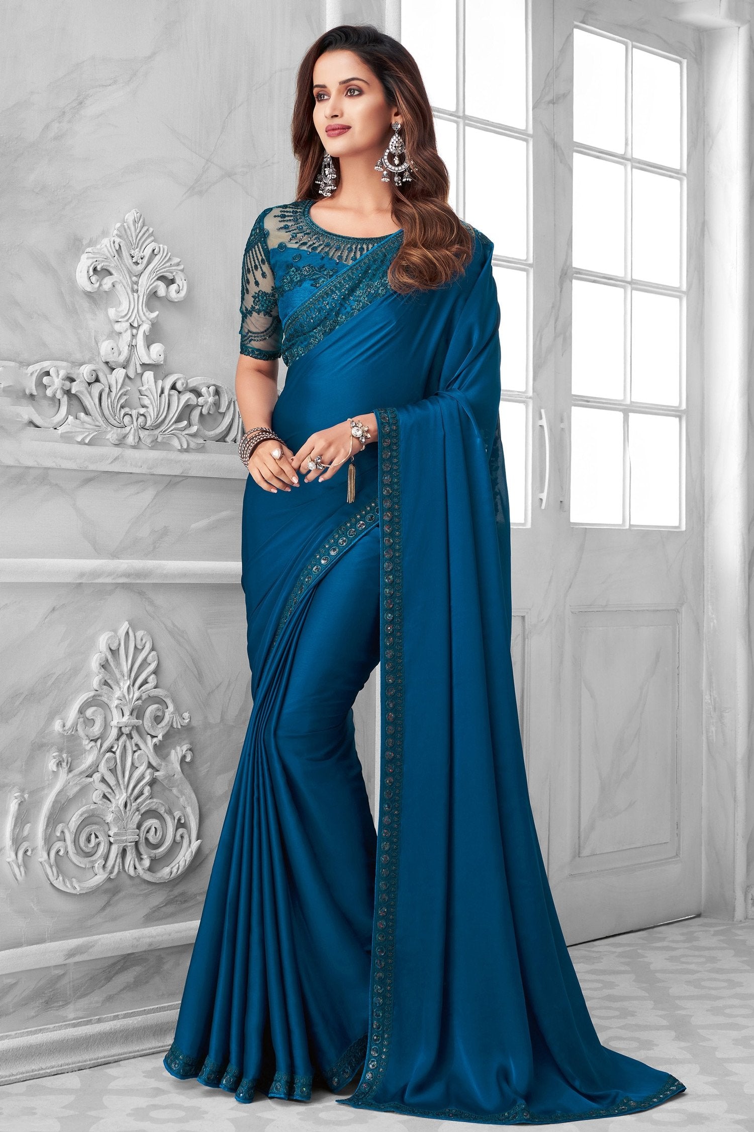 Buy MySilkLove Astronaut Blue Designer Satin Silk Saree Online