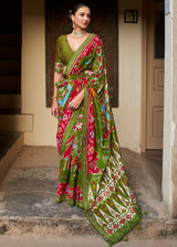 Forest Green and Red Woven Patola Silk Saree