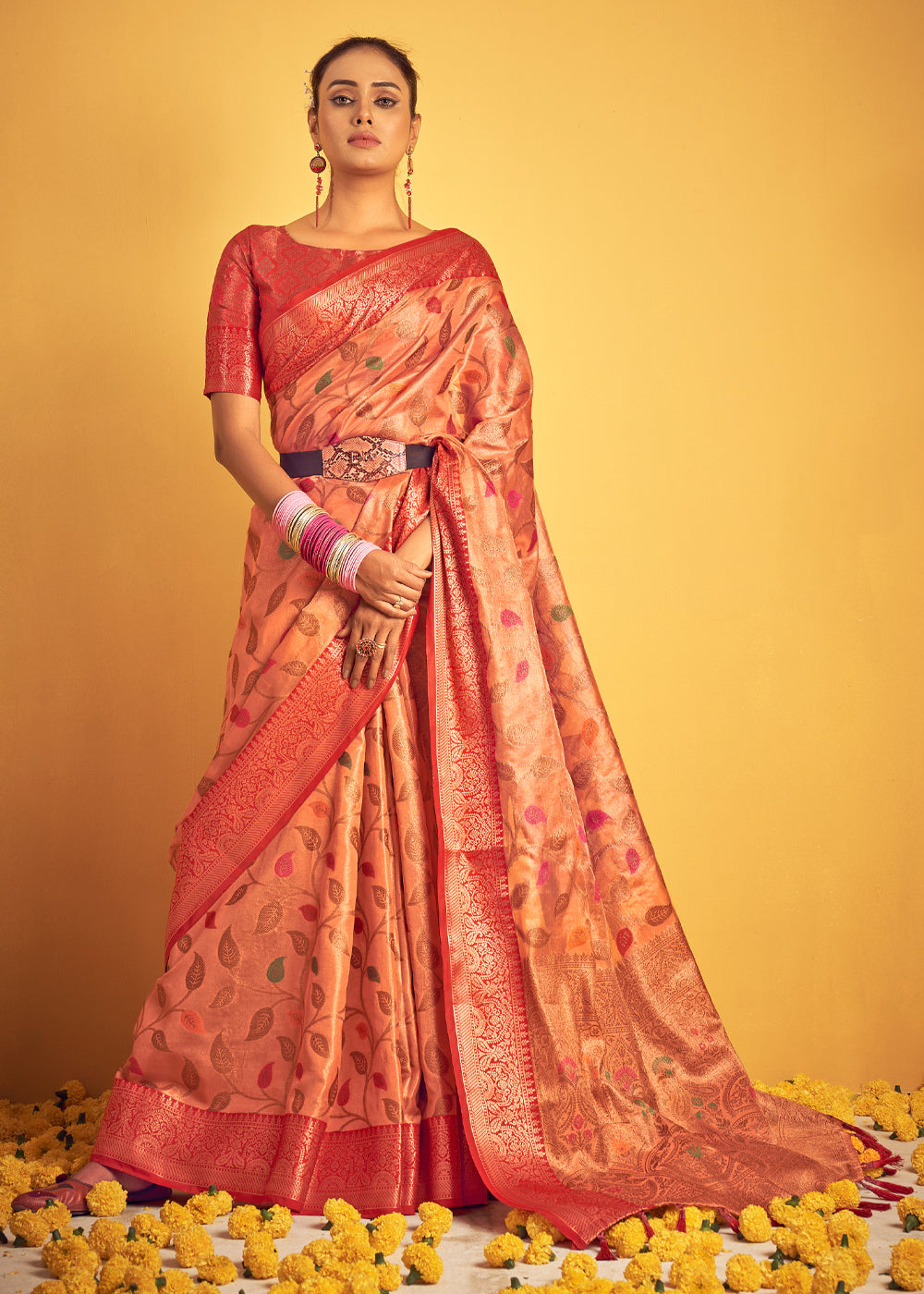 Buy MySilkLove Macaroni Peach Woven Banarasi Brocade Silk Saree Online