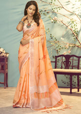 Flesh Orange Soft Linen Silk Floral Printed Saree