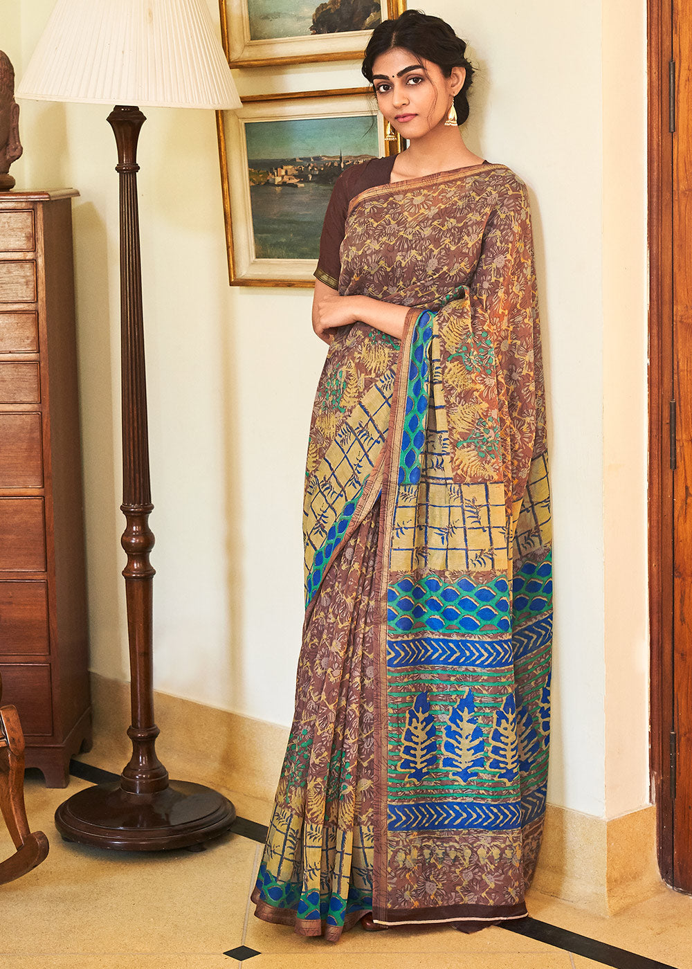 Buy MySilkLove Congo Brown and Blue Cotton Linen Batik Printed Saree Online