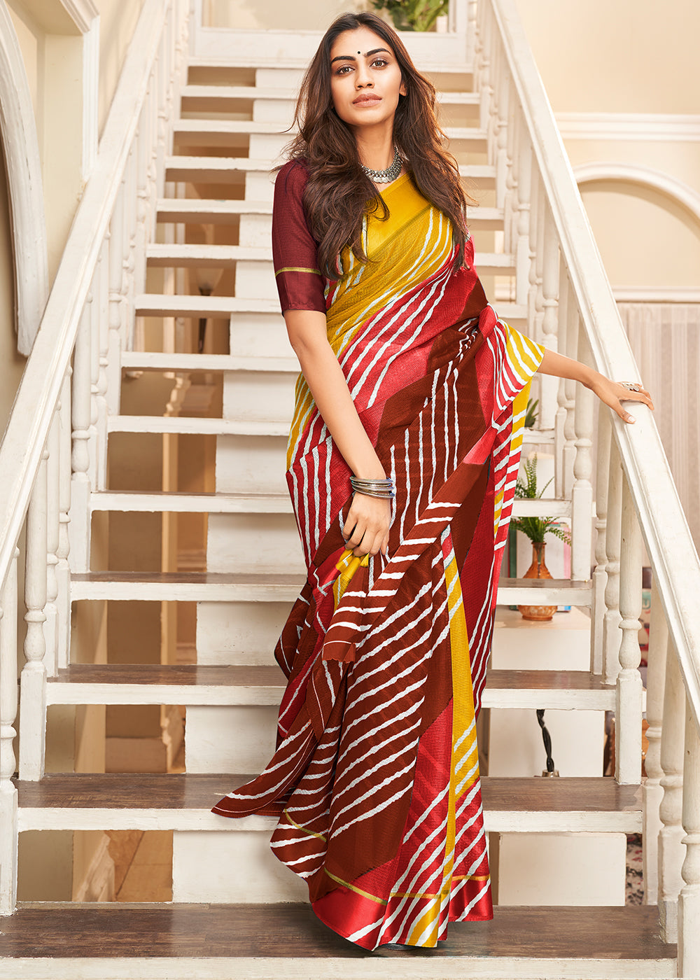 Buy MySilkLove Merlot Red Yellow and Brown Cotton Saree With Leheriya Print Online