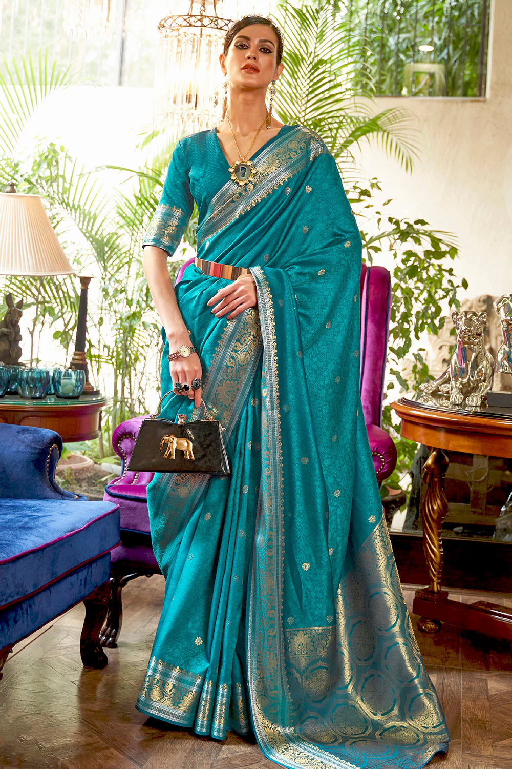 Buy MySilkLove Eastern Blue Woven Kanjivaram Silk Saree Online