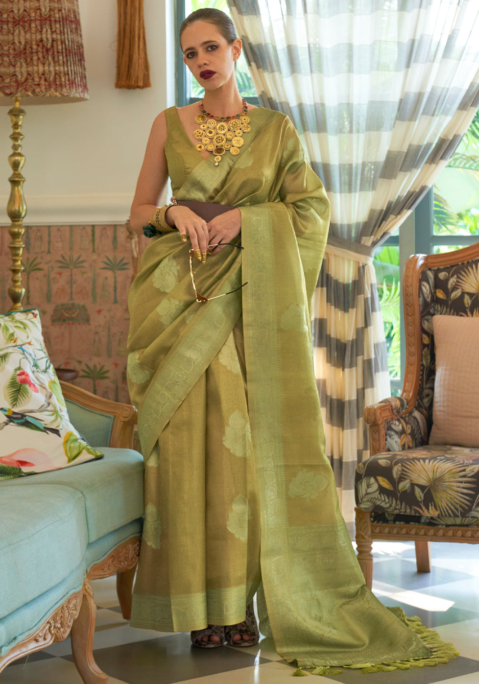 Buy MySilkLove Barley Corn Green Woven Banarasi Satin Tissue Silk Saree Online