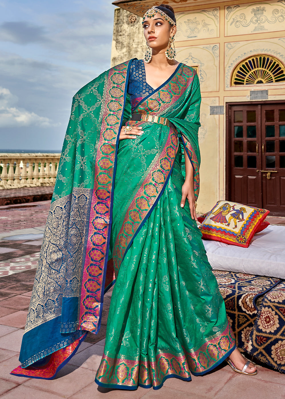 Buy MySilkLove Paradiso Green and Blue Woven Soft Silk Saree Online