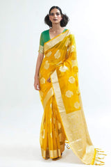 Gamboge yellow Organza Silk Saree