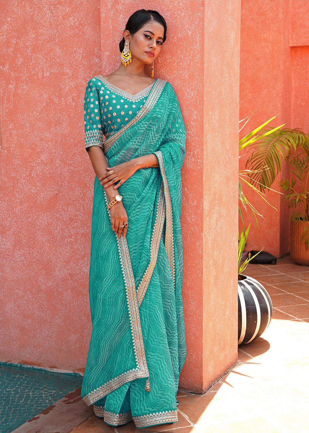 Buy MySilkLove Ocean Green Pearl Lehriya Organza Saree With Embroidered Blouse Online