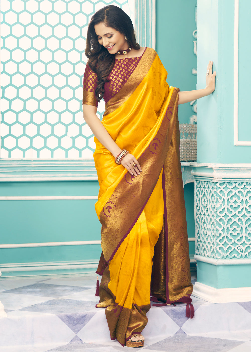 Buy MySilkLove Mustard Yellow and Brown Kanjivaram Saree Online