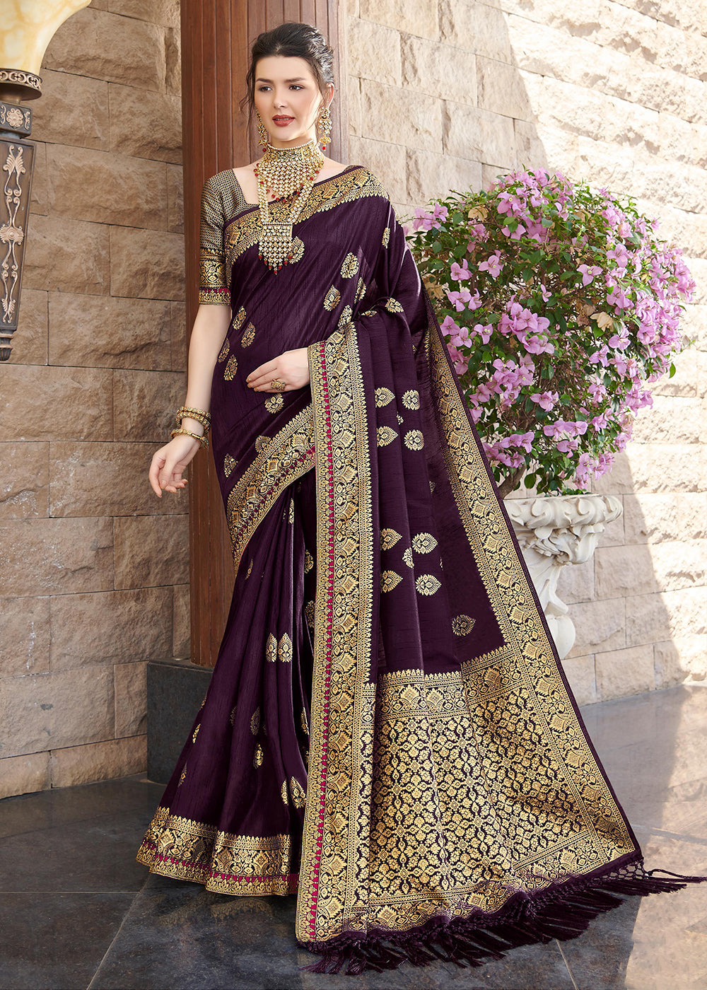 Buy MySilkLove Tamarind  Purple Zari Woven Banarasi Silk Saree Online