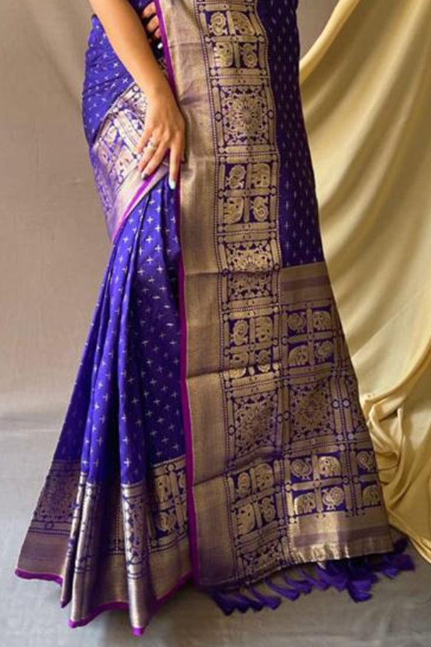 Buy MySilkLove Gigas Blue Zari Woven Kanjivaram Silk Saree Online