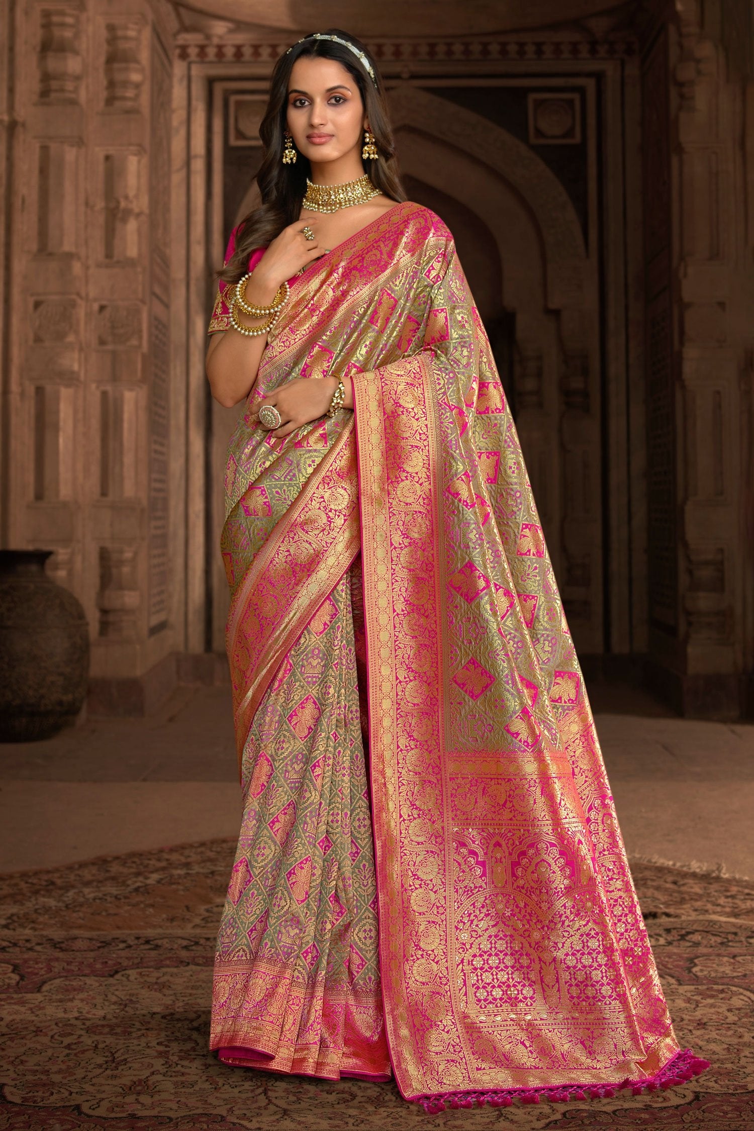 Buy MySilkLove Birch Green and Pink Designer Banarasi Woven Silk Saree Online
