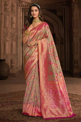 Birch Green and Pink Designer Banarasi Woven Silk Saree