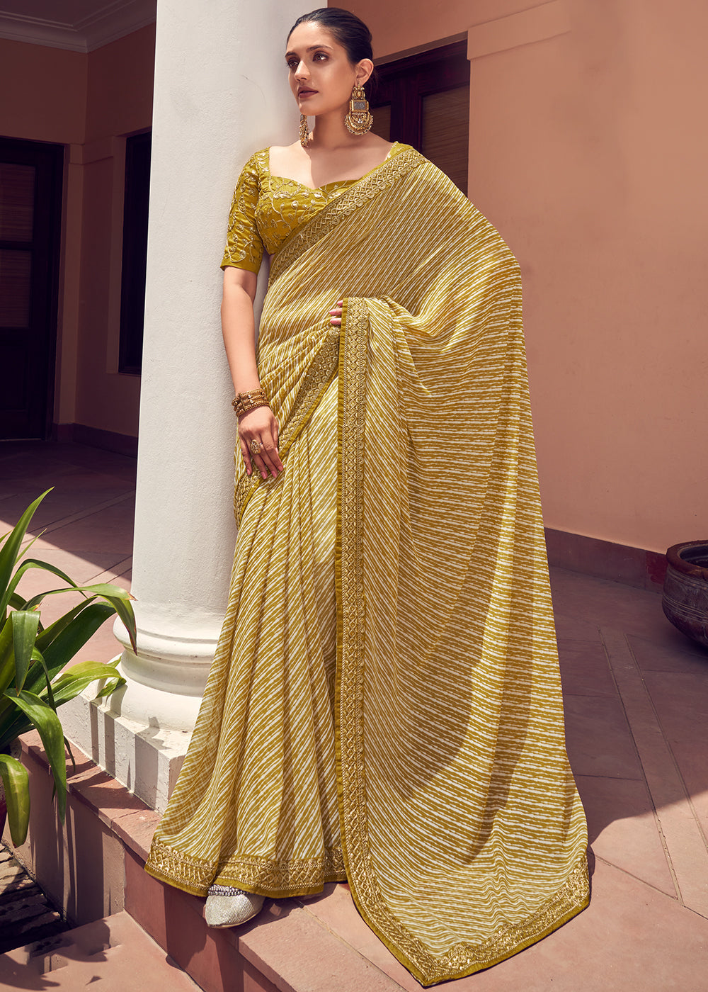 Buy MySilkLove Green Yellow Lehriya Print Georgette Saree With Embroidered Blouse Online