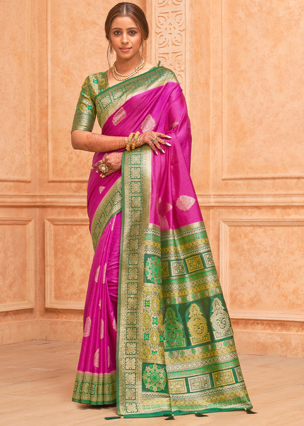 Buy MySilkLove Cerise Pink and Green Zari Woven Banarasi Silk Saree Online