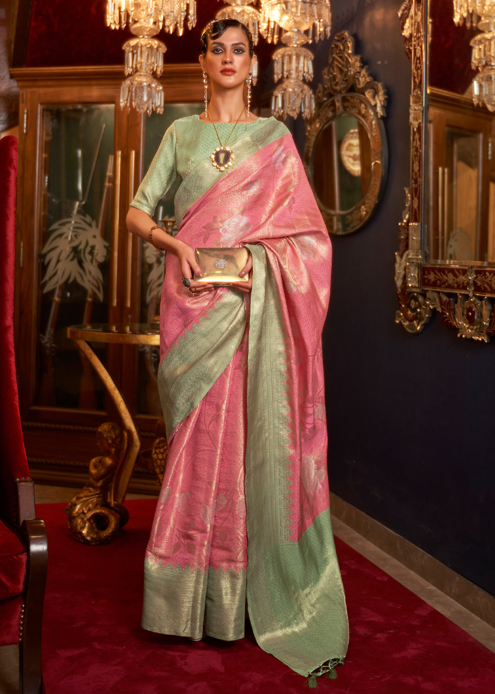 Buy MySilkLove Mauvelous Pink Zari Woven Banarasi Tanchoi Silk Saree Online