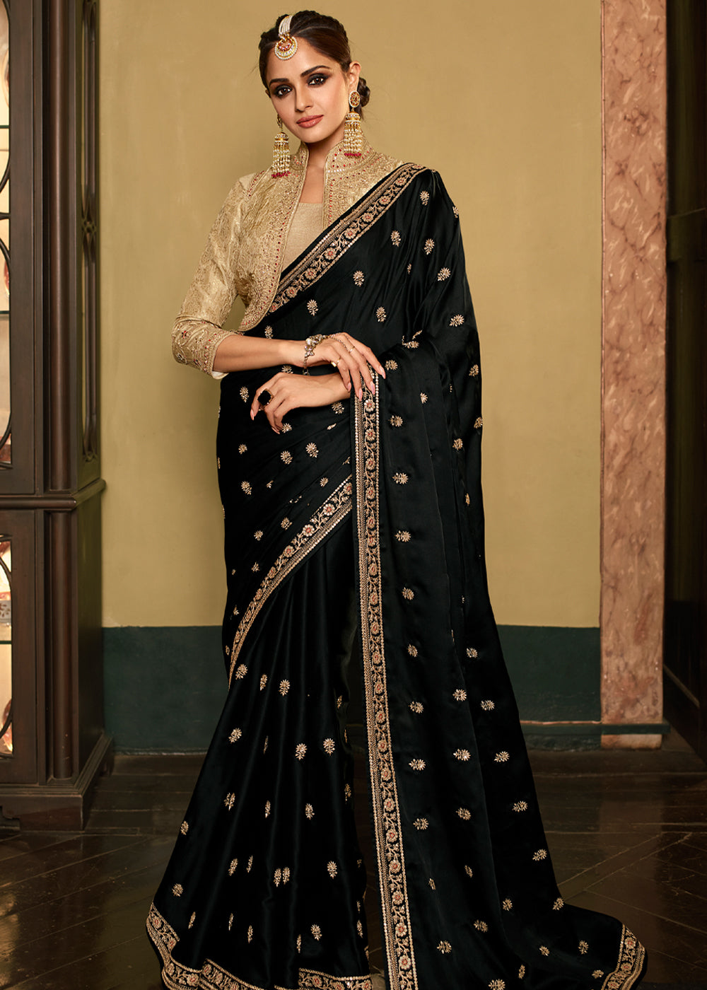 Buy MySilkLove Deep Black Designer Embroidered Silk Saree Online