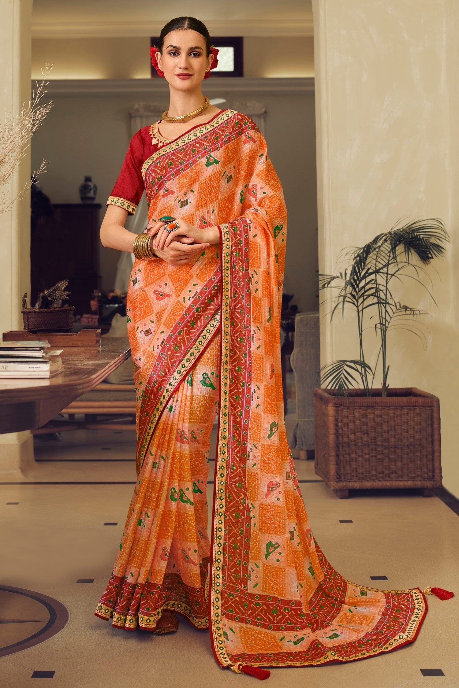 Buy MySilkLove Tangerine Orange Patola Printed Saree Online