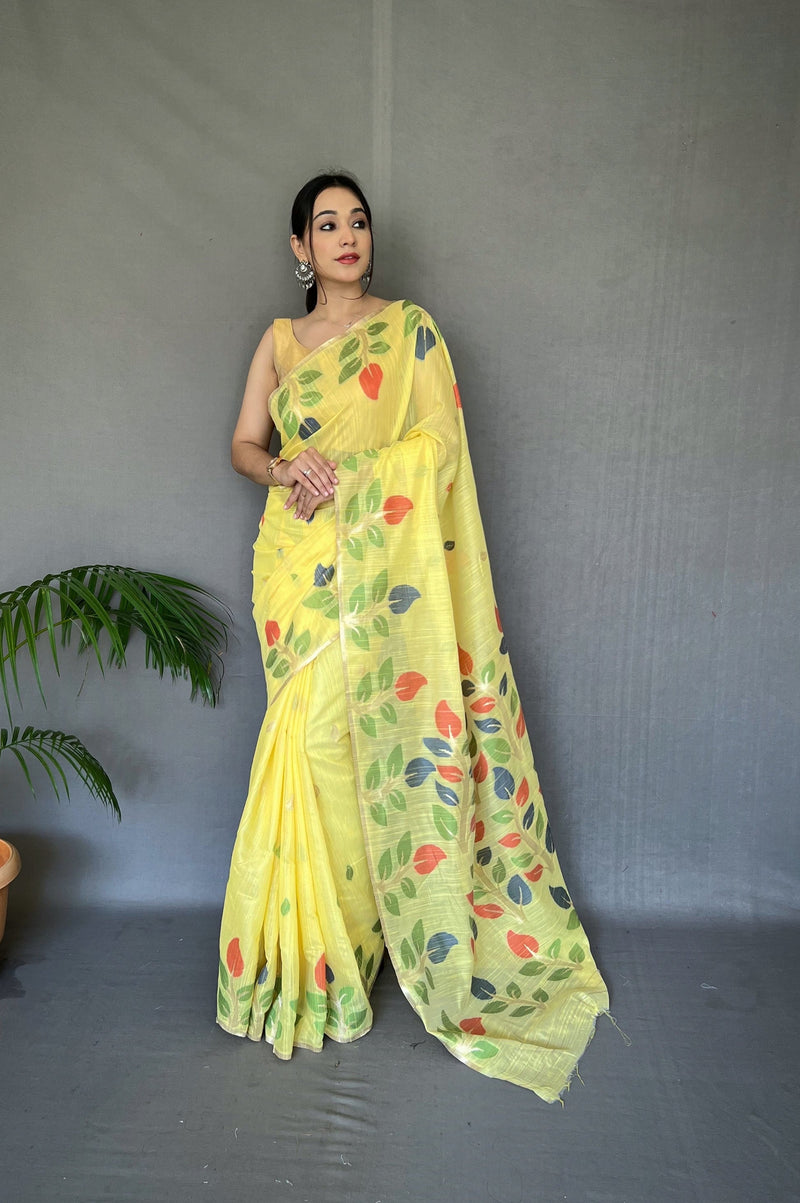 Sweet Corn Yellow Woven Cotton Jamdani Silk Saree