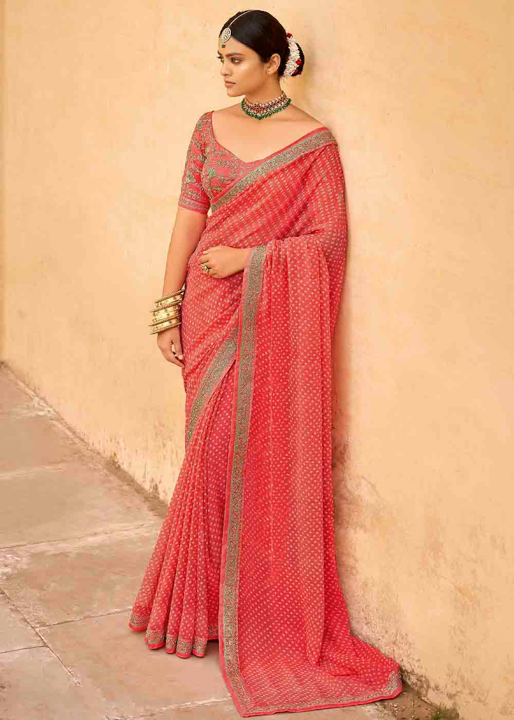 Buy MySilkLove Burnt Pink Georgette Leheriya Printed Saree with Embroidered Blouse Online